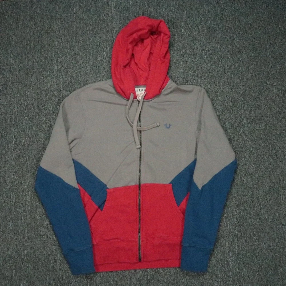 True Religion Hoodie Mens Medium Red Blue Chevron Full Zip Pockets Hooded Jacket